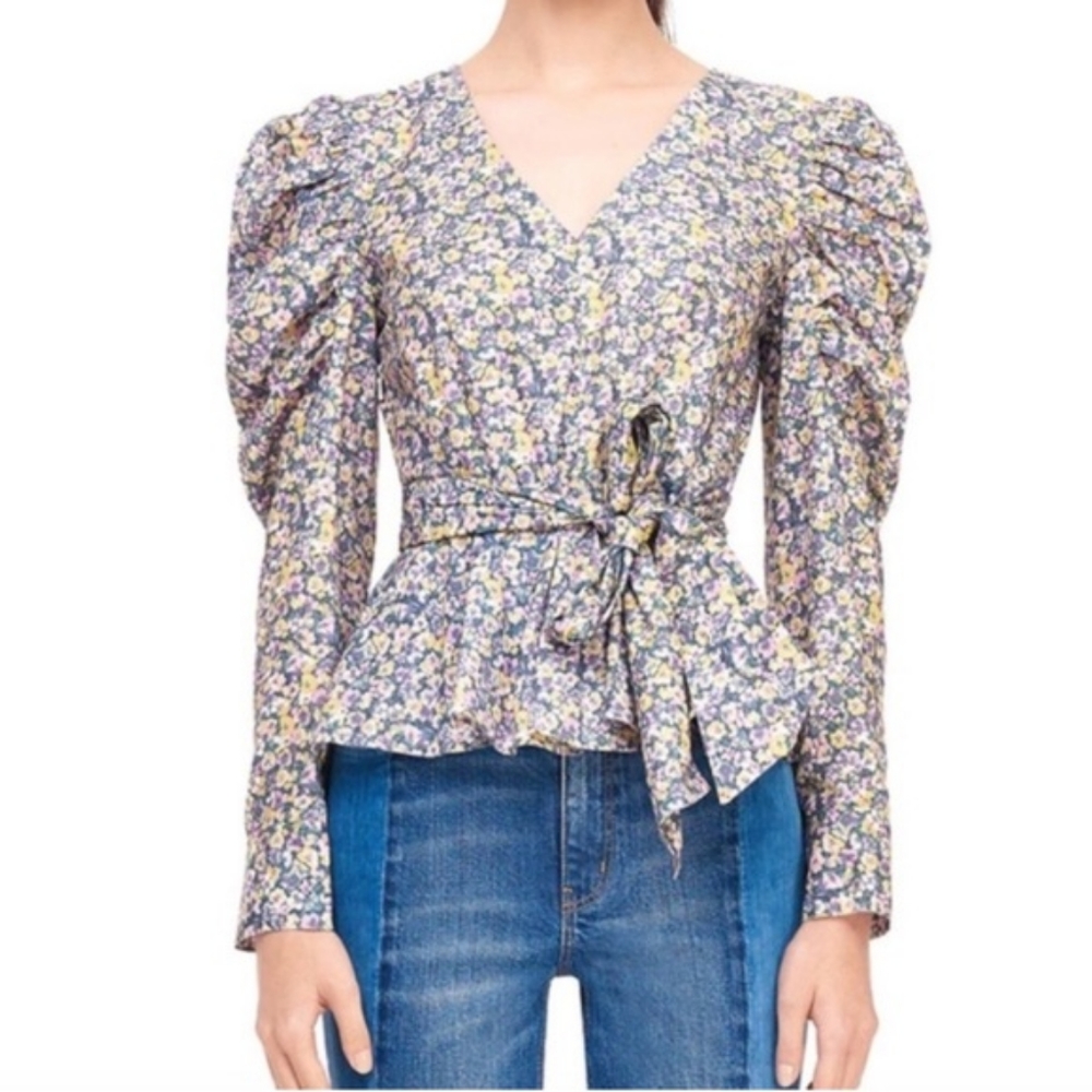 La Vie Rebecca Taylor floral long sleeve puff sleeve peplum blouse L